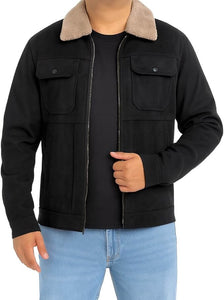 Stylish men's suede leather jacket with sherpa collar, featuring a vintage design and premium faux suede construction.