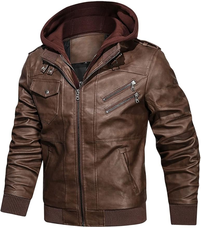 Men’s Casual Stand Collar PU Faux Leather Zip-Up Motorcycle Bomber Jacket With a Removable Hood