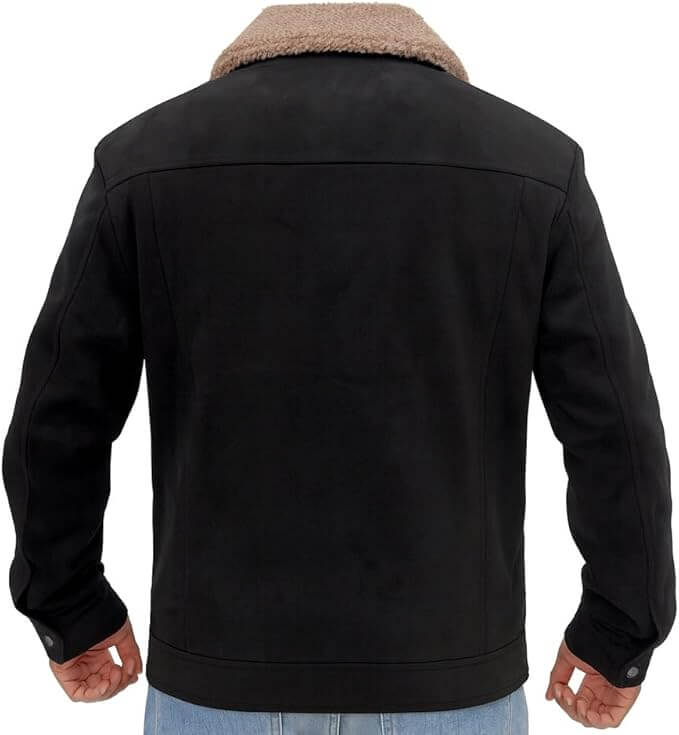 Men's Suede Leather Jacket | Detachable Sherpa Collar | Full Zip | Chest Pockets Stylish Outwear Jacket Leather Coat - back view
