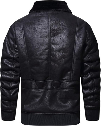 Men’s Faux Leather Jacket Warm Winter Fur Coat Motorcycle Bomber Jacket