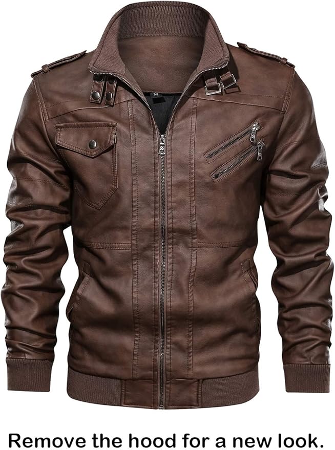 Men’s Casual Stand Collar PU Faux Leather Zip-Up Motorcycle Bomber Jacket With a Removable Hood