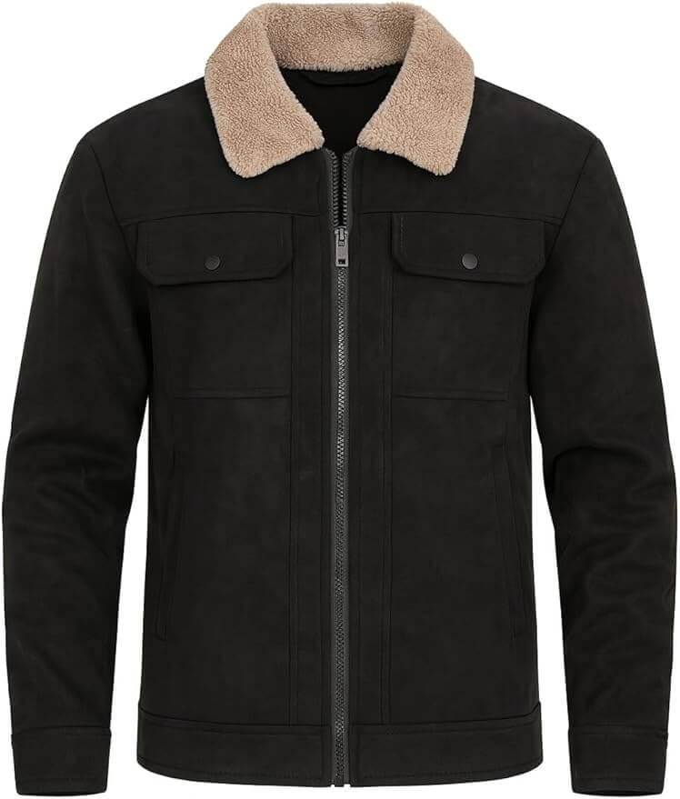 Men's Suede Leather Jacket | Detachable Sherpa Collar | Full Zip | Chest Pockets Stylish Outwear Jacket Leather Coat