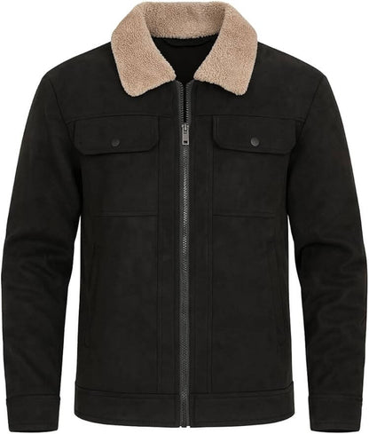 Men's Suede Leather Jacket | Detachable Sherpa Collar | Full Zip | Chest Pockets Stylish Outwear Jacket Leather Coat