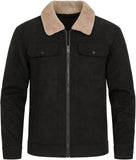Men's suede leather jacket with sherpa collar, featuring premium suede construction and a cozy detachable collar.