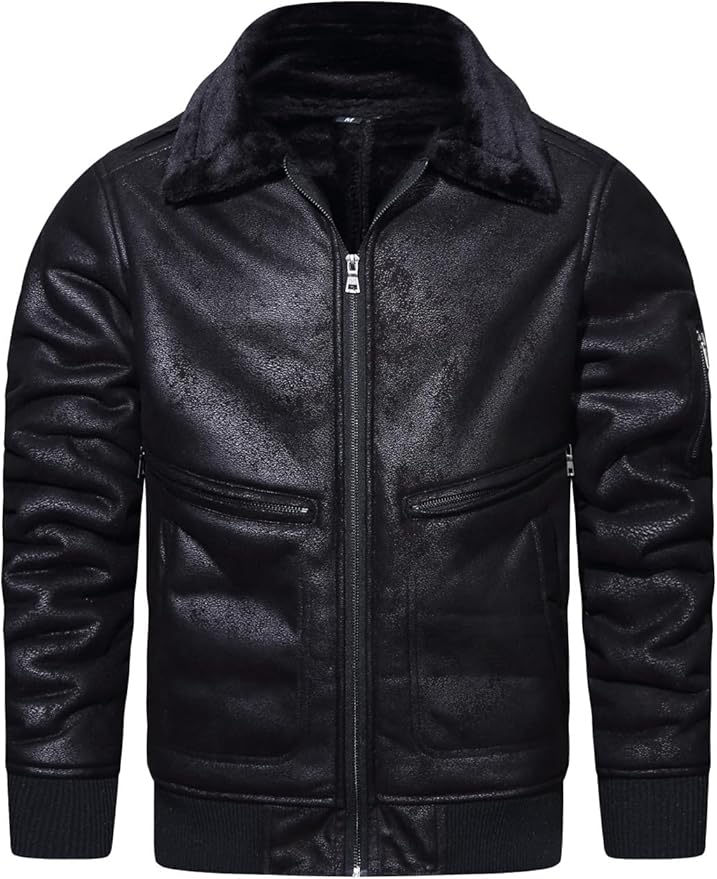 Men’s Faux Leather Jacket Warm Winter Fur Coat Motorcycle Bomber Jacket
