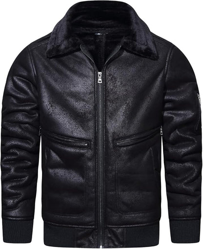 Men’s Faux Leather Jacket Warm Winter Fur Coat Motorcycle Bomber Jacket