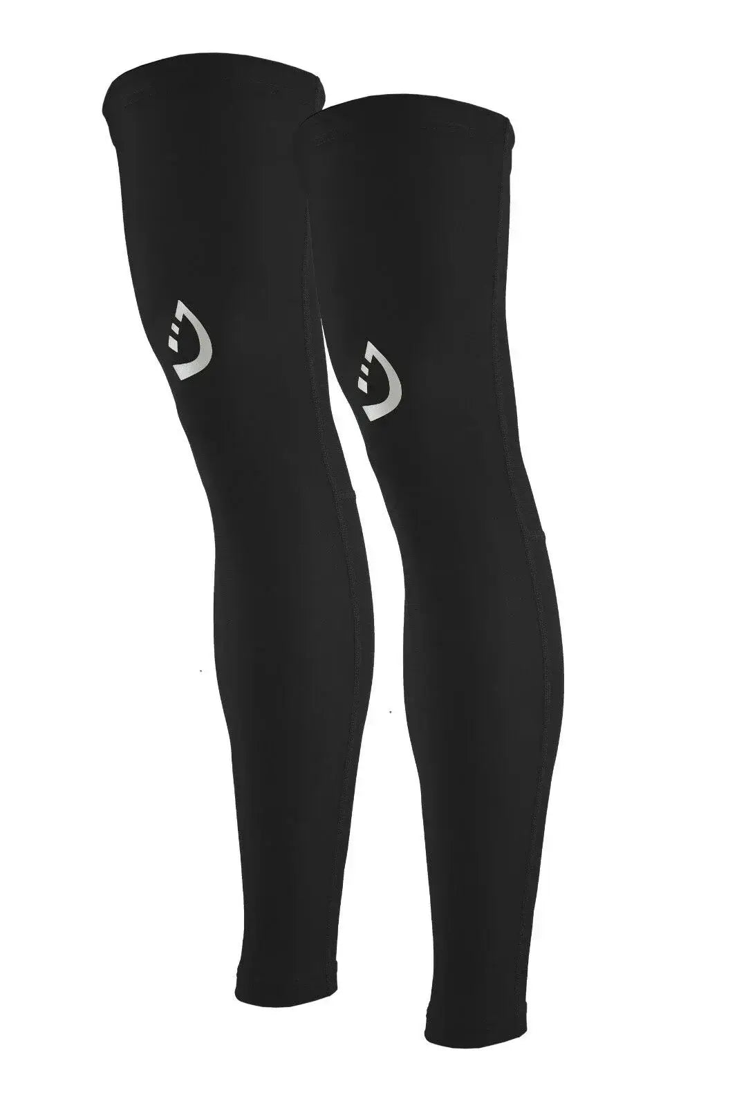 Black compression leg warmers for sports, UV protection, quick-dry fabric for running and fitness activities.