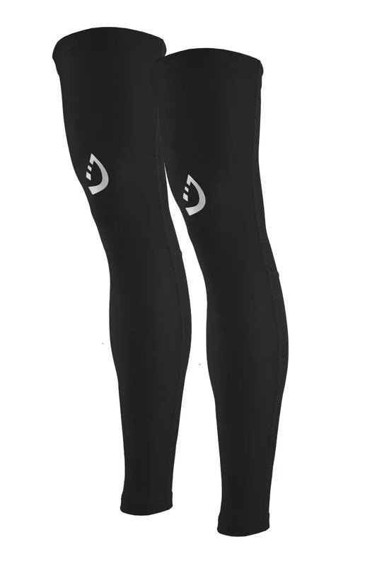 Black compression leg warmers for sports, UV protection, quick-dry fabric for running and fitness activities.