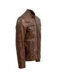 Waxed Brown Leather Jacket for Men – Vintage Distressed Slim Fit Biker Style side view, showcasing premium leather craftsmanship.