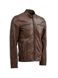Waxed Brown Leather Jacket for Men – Vintage Distressed Slim Fit Biker Style displayed in a clean, modern design.
