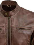 Waxed Brown Leather Jacket for Men – Vintage Distressed Slim Fit Biker Style close-up showcasing zipper and collar design.