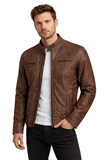 Waxed Brown Leather Jacket for Men – Vintage Distressed Slim Fit Biker Style, worn by a model, showcasing its modern design.