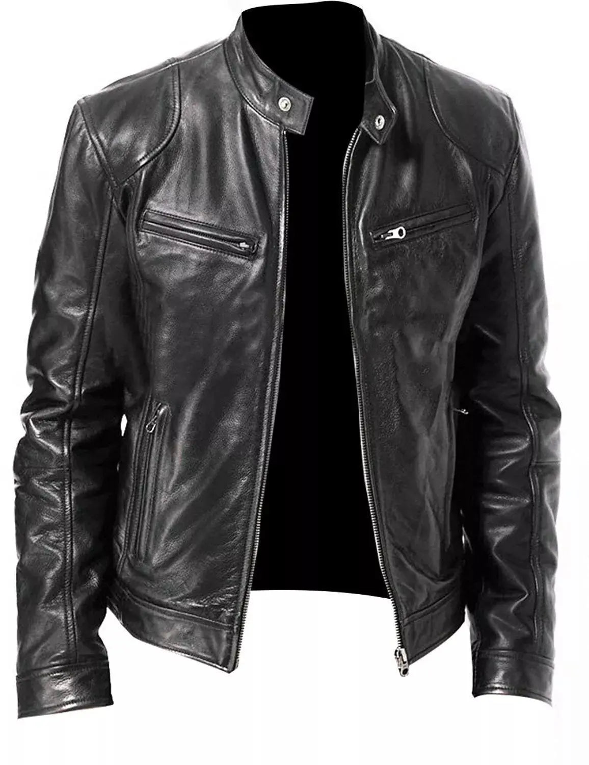 Mens Leather Jacket Motorbike Stylish Warm Winter Biker Coat Black - Hatch Sports