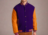 Men's Varsity Jacket Leather Sleeve Wool Body Purple/Yellow Hatch Sports