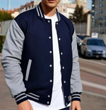 Hatch Sports Mens Jacket Wool+Leather Navy Blue/Light Grey