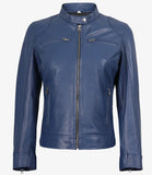 Women's Blue Biker Style Leather Jacket - Modern Fit