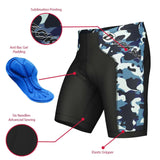 Men's cycling shorts with 4D gel padding, sublimation printing, elastic gripper, and advanced sewing features.