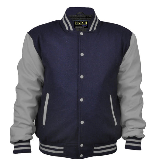 Hatch Sports Mens Jacket Wool+Leather Navy Blue/Light Grey