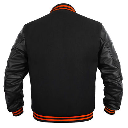 Hatch Sports Kids Varsity Jacket Genuine Leather Sleeve and Wool Blend Letterman Boys College/School Varsity Jackets All Black(Orange Line)