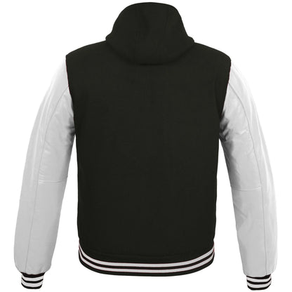 Hatch Sports Womens Hoodie Wool body Genuine Cowhide Leather Arm Sleeves College Letterman Varsity HoodieHoodie Wool+Leather Black/White