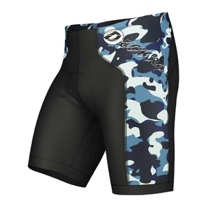 Men's 4D gel padded cycling shorts in blue camouflage design, ideal for road biking comfort and performance.