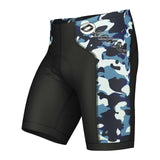 Men's 4D gel padded cycling shorts in blue camouflage design, ideal for road biking comfort and performance.