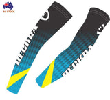 Stretchy Arm warmers Fingerless Gym, Running, Golf, Cycling Arm/Leg Sleeves Set in blue and black design.