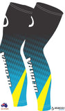 Stretchy Arm warmers Fingerless Gym, Running, Golf, Cycling Arm/Leg Sleeves Set in unique sublimation design with blue and yellow accents.
