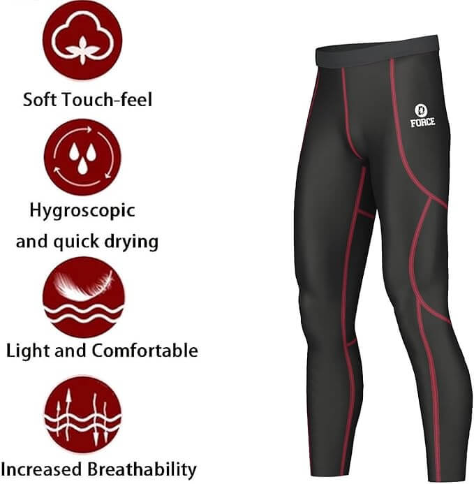 Men's compression tights with features: soft touch, quick-drying, lightweight, and breathable for comfort during workouts.