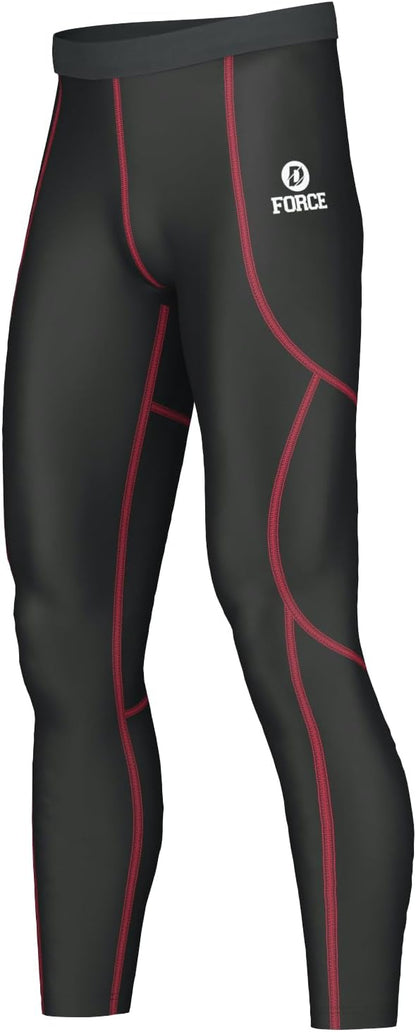 Men's compression tights in black with red accents, ideal for gym and fitness activities, featuring an elastic waistband.