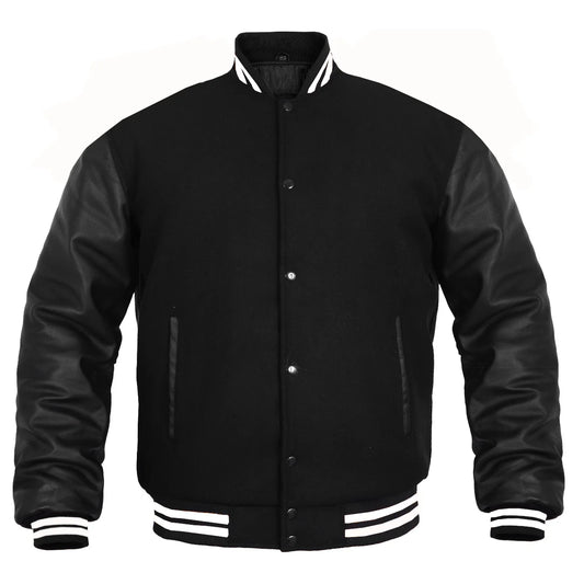 Hatch Sports Women Varsity Jacket Wool Body + Genuine Leather Arm Sleeves Baseball College Letterman All Black (White line)