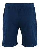 Mens navy blue fitness gym shorts with two zipped pockets, suitable for various activewear activities.