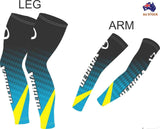 Stretchy Arm warmers Fingerless Gym, Running, Golf, Cycling Arm/Leg Sleeves Set - Arm and leg sleeves in blue and yellow design.