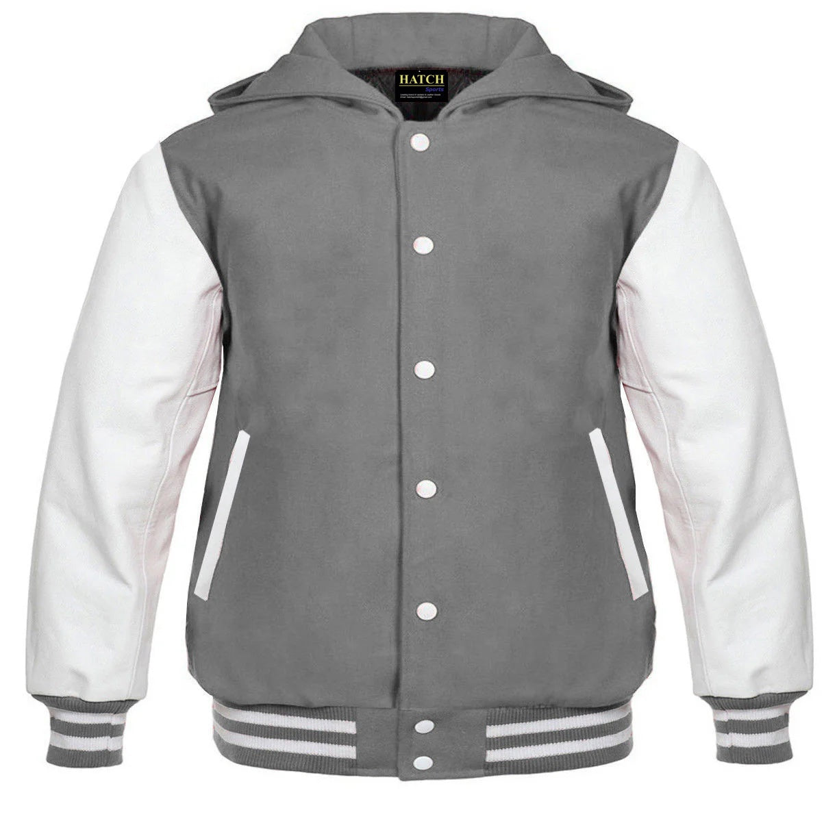 Hatch Sports Women Hoodie Wool Body + Genuine Leather Arm Sleeves Varsity Style Hoodie Grey/White