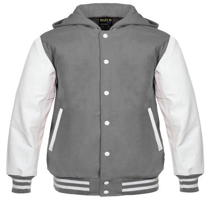 Hatch Sports Women Hoodie Wool Body + Genuine Leather Arm Sleeves Varsity Style Hoodie Grey/White