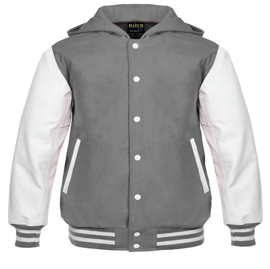Hatch Sports Women Hoodie Wool Body + Genuine Leather Arm Sleeves Varsity Style Hoodie Grey/White