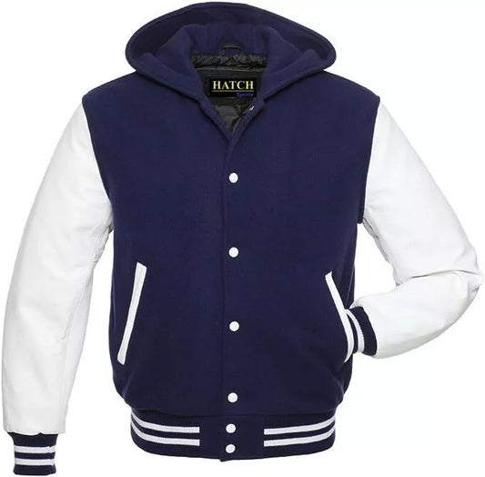 Hatch Sports Mens Varsity Baseball Hoodie Style Wool Body Genuine Leather Arms Varsity Jacket