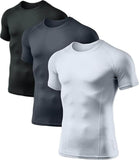 Men's compression shirts in black and gray for sports, featuring moisture-wicking fabric and athletic fit for workouts.