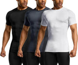 Men's compression shirts in black, navy, and white for sports and workouts, showcasing athletic fit and moisture-wicking fabric.
