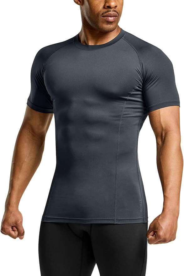 Men's cool dry short sleeve compression shirt, perfect for sports and active workouts, showcasing athletic fit and modern design.