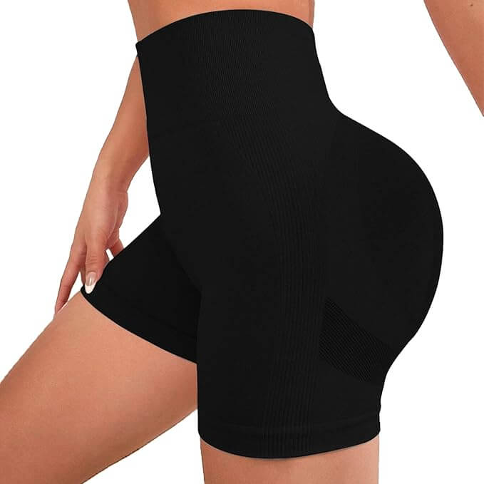 High waisted seamless black running shorts showcased on a model, emphasizing fit and comfort for workouts.