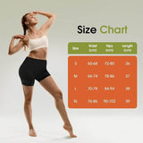 Size chart for high waisted running yoga shorts showing measurements for S, M, L, and XL sizes in cm.