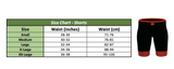 Size chart for men's cycling shorts indicating waist measurements in inches and centimeters for different sizes.