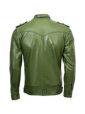 Men’s Slim Fit Green Biker Leather Jacket – Modern Moto Style with Premium Finish, back view showing design details.