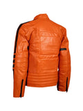 Street Fashion Orange Leather Jacket for Men – Slim Fit Biker Style Genuine Leather Jacket with Black Accents, back view.