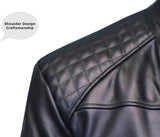 Close-up of Leather Jacket Cowhide Motorbike Motorcycle Moto-Jacket highlighting shoulder design craftsmanship.