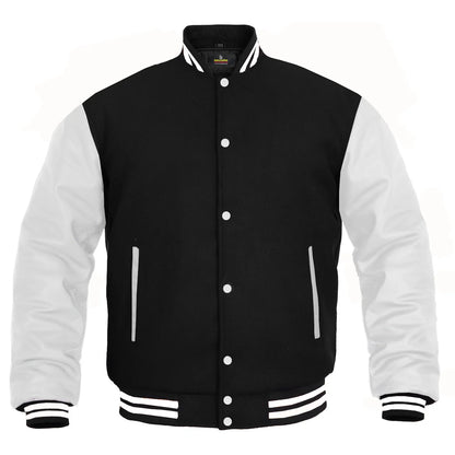 Hatch Sports Women Varsity Jacket Wool+Genuine Leather Letterman Baseball Winter Jacket Black/White