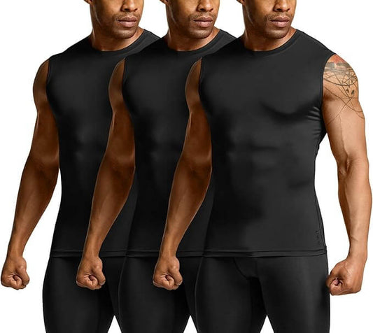 Men's Cool Dry Compression Sleeveless Tank Top in black, 3-pack, ideal for sports and quick-dry activities.
