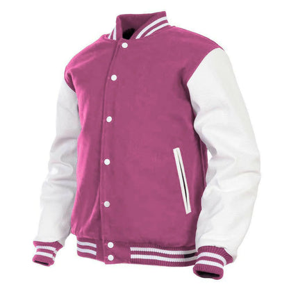 Hatch Sports Kids Varsity Jacket Genuine Leather Sleeve and Wool Blend Letterman Boys College/School Varsity Jackets Pink/White