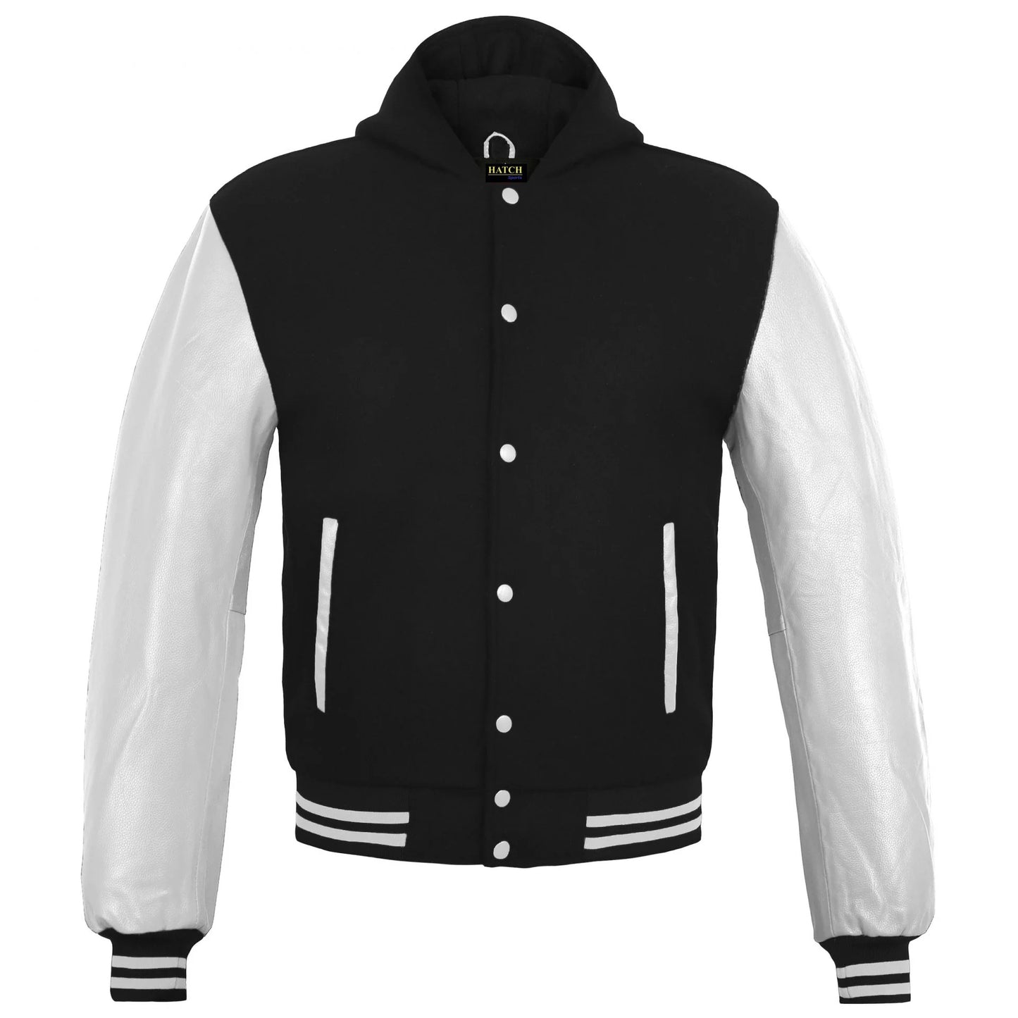 Hatch Sports Womens Hoodie Wool body Genuine Cowhide Leather Arm Sleeves College Letterman Varsity HoodieHoodie Wool+Leather Black/White